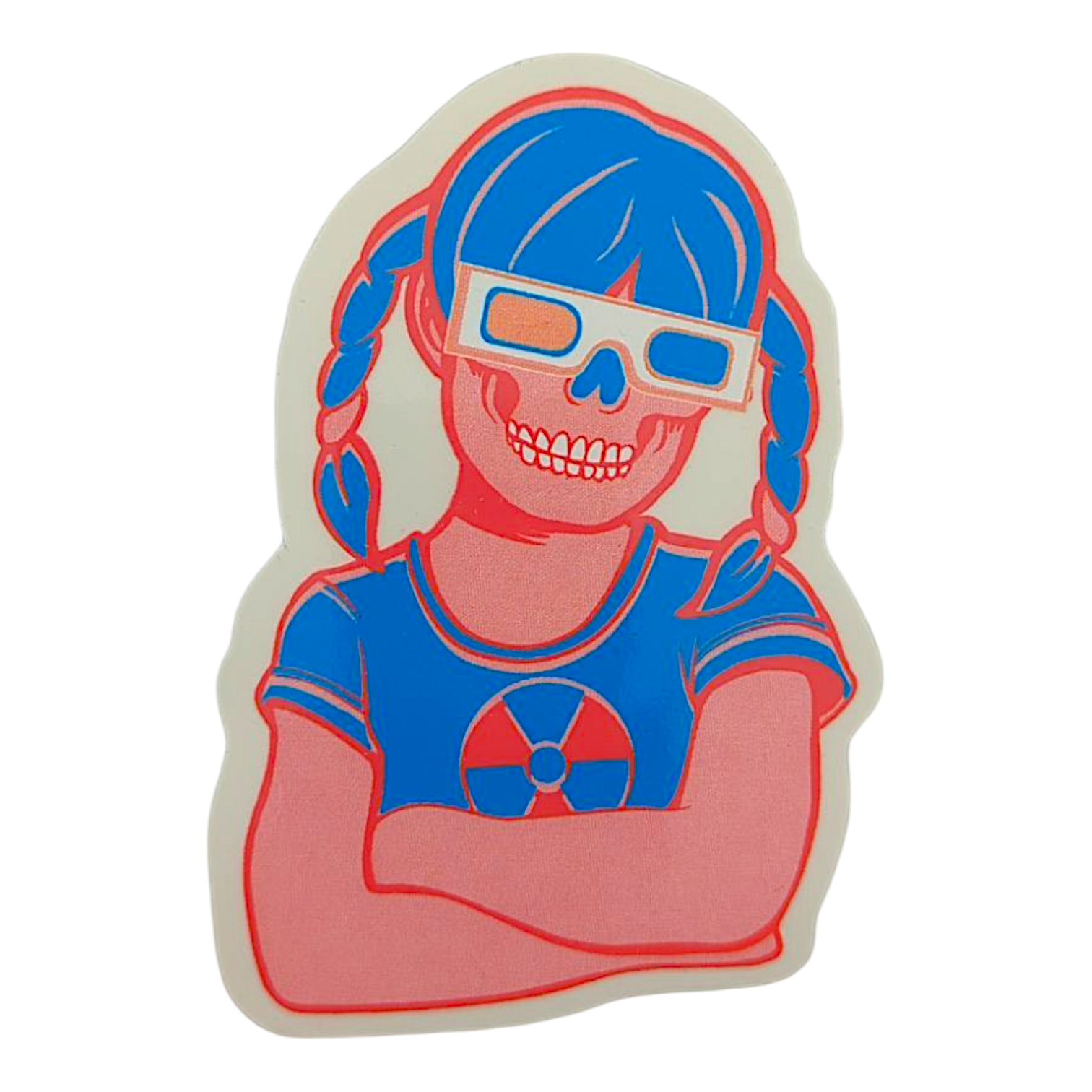 Zoltron Sue Nami (3D Glasses) Sticker

2.75 x 4" die cut vinyl sticker 
Screen printed on clear vinyl
Weatherproof