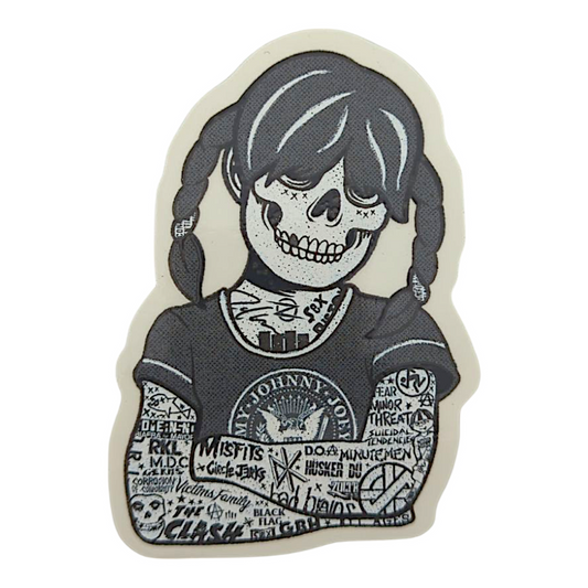 Zoltron Sue Nami (Black & White) Sticker

2.75 x 4" die cut vinyl sticker 
Screen printed on clear vinyl
Weatherproof