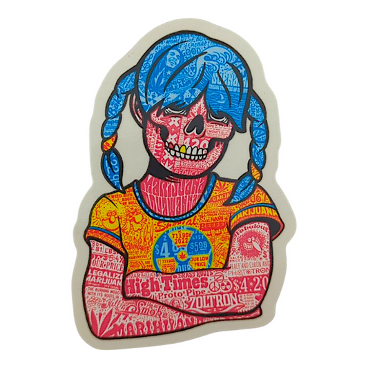 Zoltron Sue Nami (High Times) Sticker

2.75 x 4" die cut vinyl sticker 
Screen printed on clear vinyl
Weatherproof