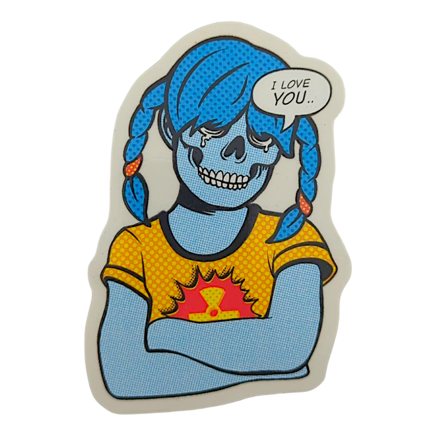 Zoltron Sue Nami (I Love You..) Sticker

2.75 x 4" die cut vinyl sticker 
Screen printed on clear vinyl
Weatherproof