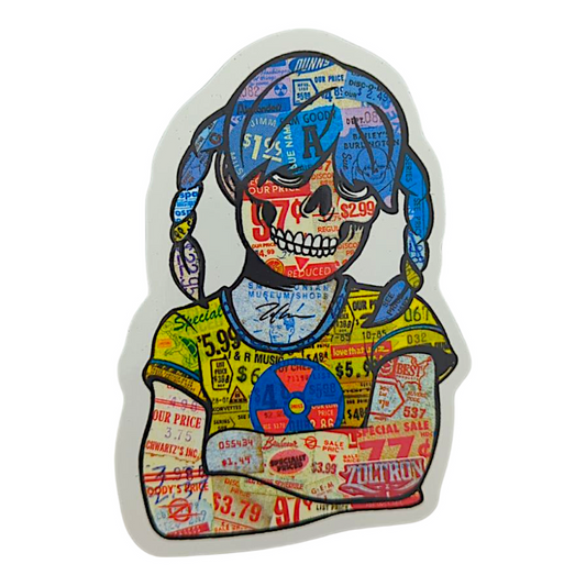 Zoltron Sue Nami Sticker

2.75 x 4" die cut vinyl sticker 
Screen printed on clear vinyl
Weatherproof