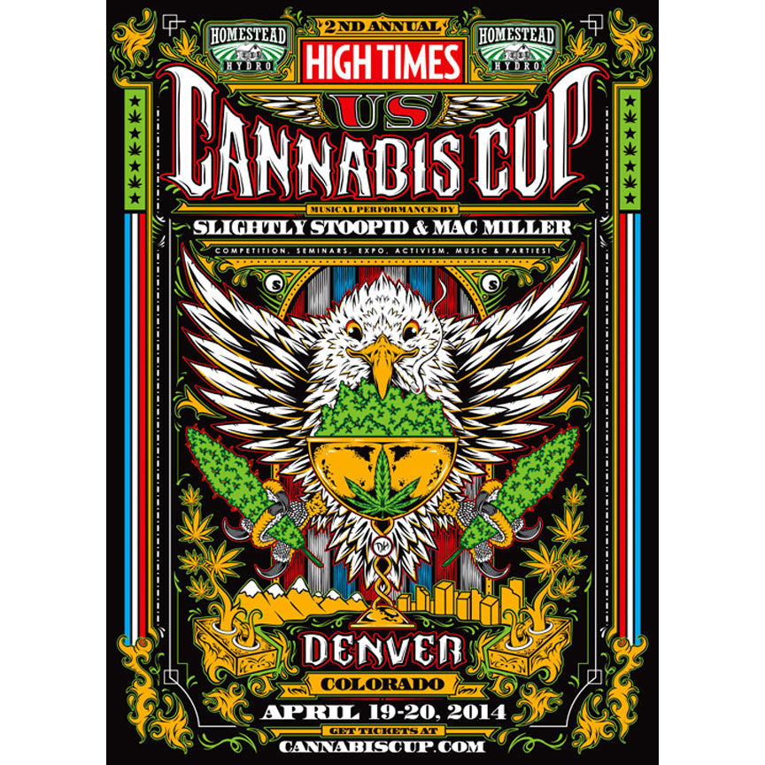 High Times x Seedless Official 1st Recreational Cannabis Cup Denver Print, 2014 Archival Digital Print on Heavy Cardstock 18 x 12 in Edition of 100  Signed "D.H."  Feat. Slightly Stoopid + Mac Miller. Gift given VIP ticket holders at the 1st Legal Recreational Cannabis Cup in Denver, Colorado April 19th - April 20th, 2014.