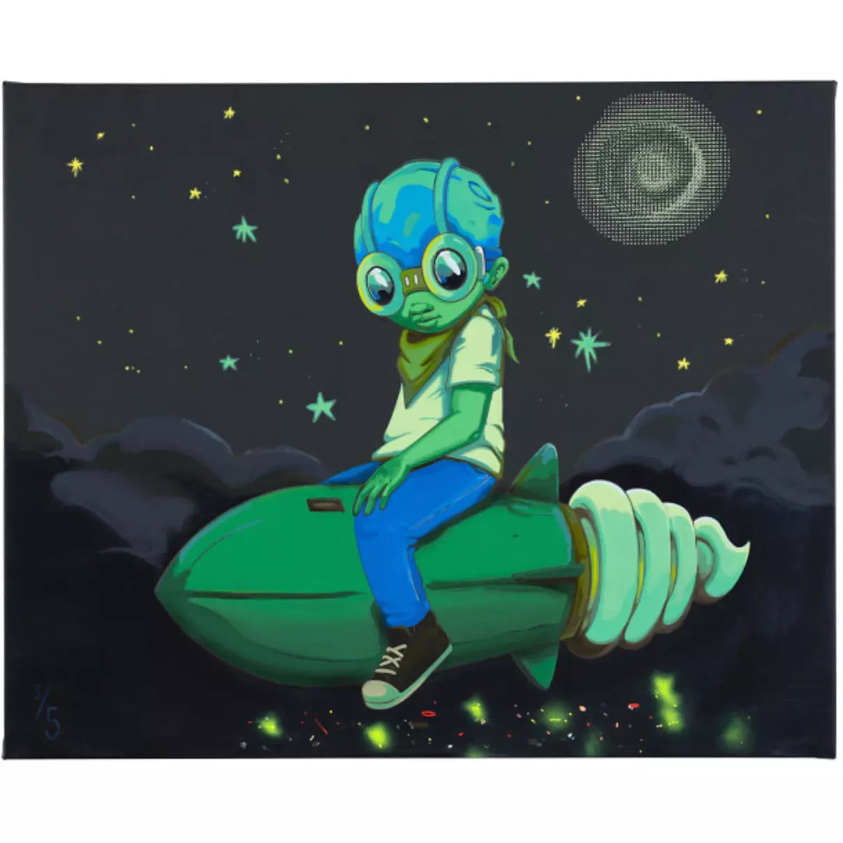 Hebru Brantley Night Flight, 2021 Digital print with screen printed glow in the dark ink on 330gsm Museum Cotton Smooth Rag 36 × 29 in Edition of 175  Hand Signed, Dated + Numbered by the artist. Accompanied by original proof of purchase. 