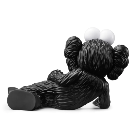 KAWS Time Off (Black), 2023 Vinyl figure 7.1 x 11 x 5.9 in  KAWS is continuing his new standing tradition of Valentine's Day drops, with the release of his TIME OFF Vinyl Figures. The TIME OFF vinyl figure is lying down on his right side, with his legs crossed, and right hand supporting its head. The pink BFF figure has pink "X" marked eyes and "X" marked hands and feet, identical to KAWS’ Companion character. Each figure measures 7.1 x 11 x 5.9" and comes with a protective KAWS branded box.