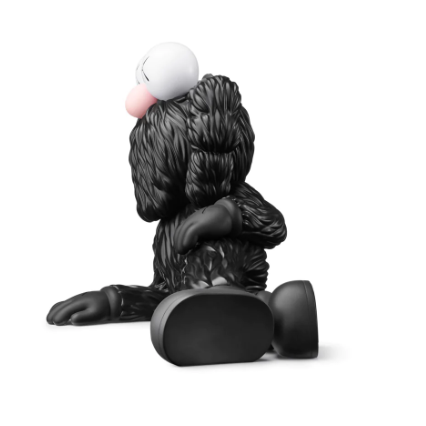 KAWS Time Off (Black), 2023 Vinyl figure 7.1 x 11 x 5.9 in  KAWS is continuing his new standing tradition of Valentine's Day drops, with the release of his TIME OFF Vinyl Figures. The TIME OFF vinyl figure is lying down on his right side, with his legs crossed, and right hand supporting its head. The pink BFF figure has pink "X" marked eyes and "X" marked hands and feet, identical to KAWS’ Companion character. Each figure measures 7.1 x 11 x 5.9" and comes with a protective KAWS branded box.