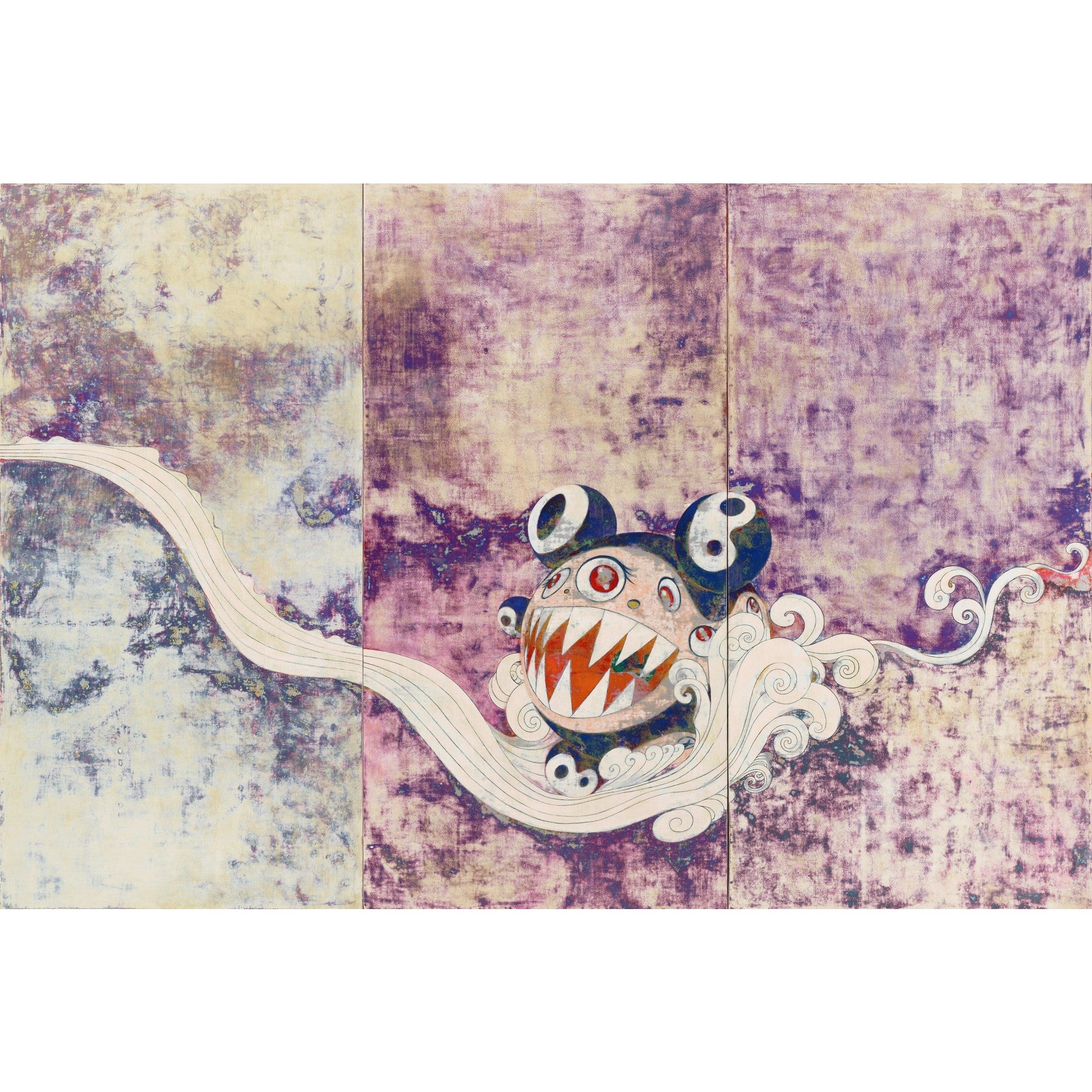Takashi Murakami "727" Poster This unframed poster features a reproduction of Takashi Murakami's "727" (1996), a three-paneled painting in MoMA's collection. The work features Mr. DOB, a character created in 1993 who was among the first in a pantheon of characters inspired by the culture of anime (cartoons) and manga (comics) that emerged in Japan’s postwar era and became wildly popular in the 1980s.